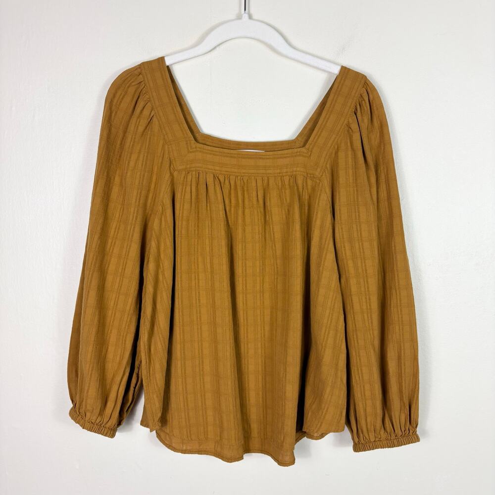 Madewell Lightweight Cotton Square Neck Bubble Sleeve Top in Antique Gold Plaid - Picture 2 of 10